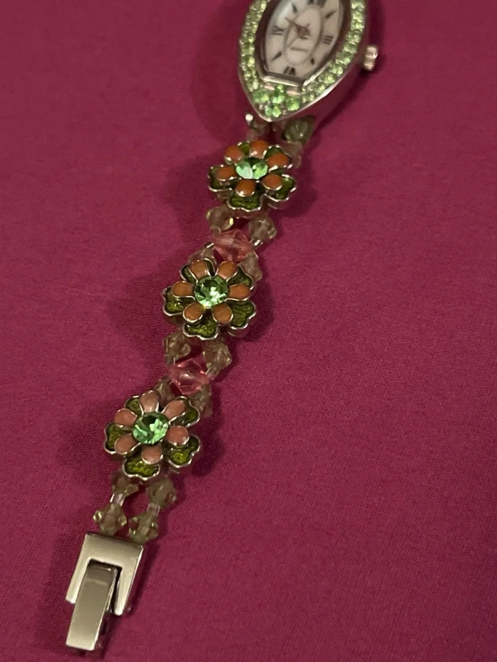 Floral Crystal Bracelet Watch in Green and Pink Accents